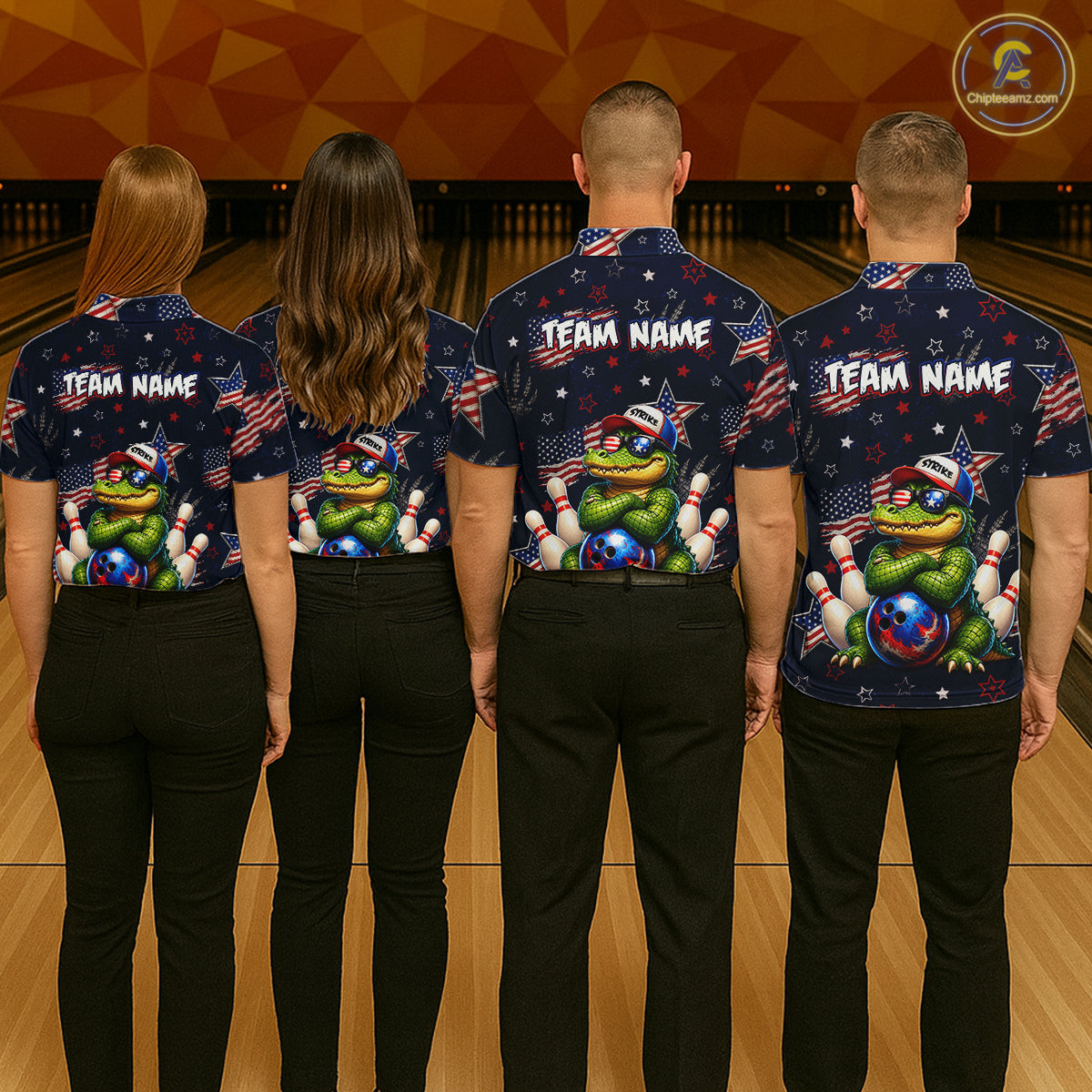 Custom American Flag Alligator Bowling Shirt for Women Patriotic Bowling Jersey Polo & 1/4-Zip QZT1029