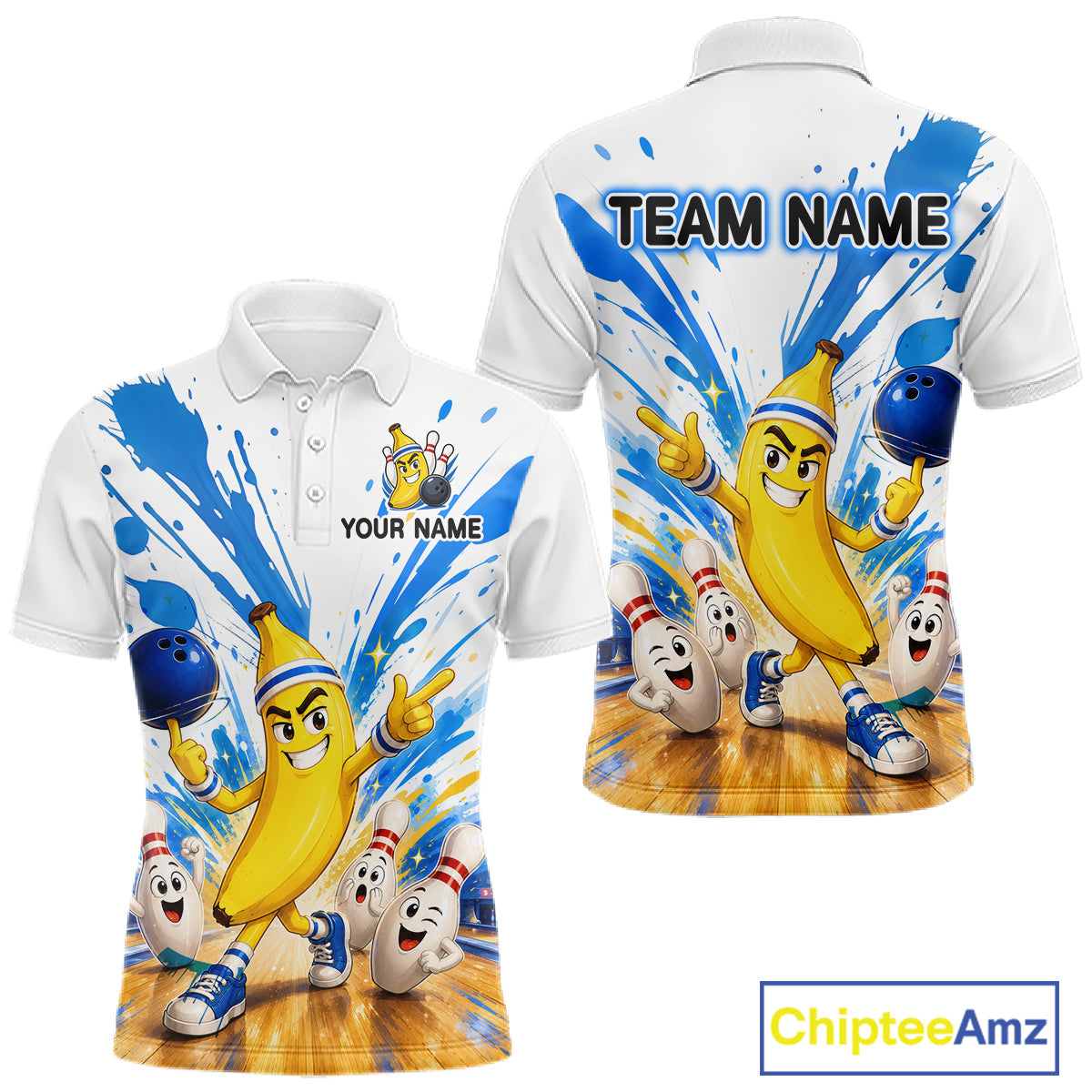 White polo shirt with cartoon characters and 'Team Name' text on a white background