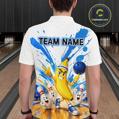 Person wearing a white shirt with a colorful design of a banana character and bowling pins on a bowling alley background.