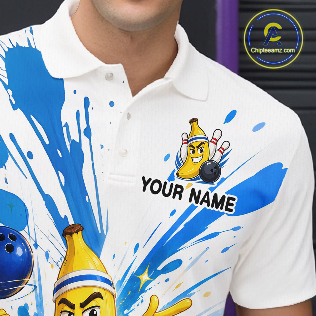 White polo shirt with colorful design and 'Your Name' text, featuring cartoon bowling characters.