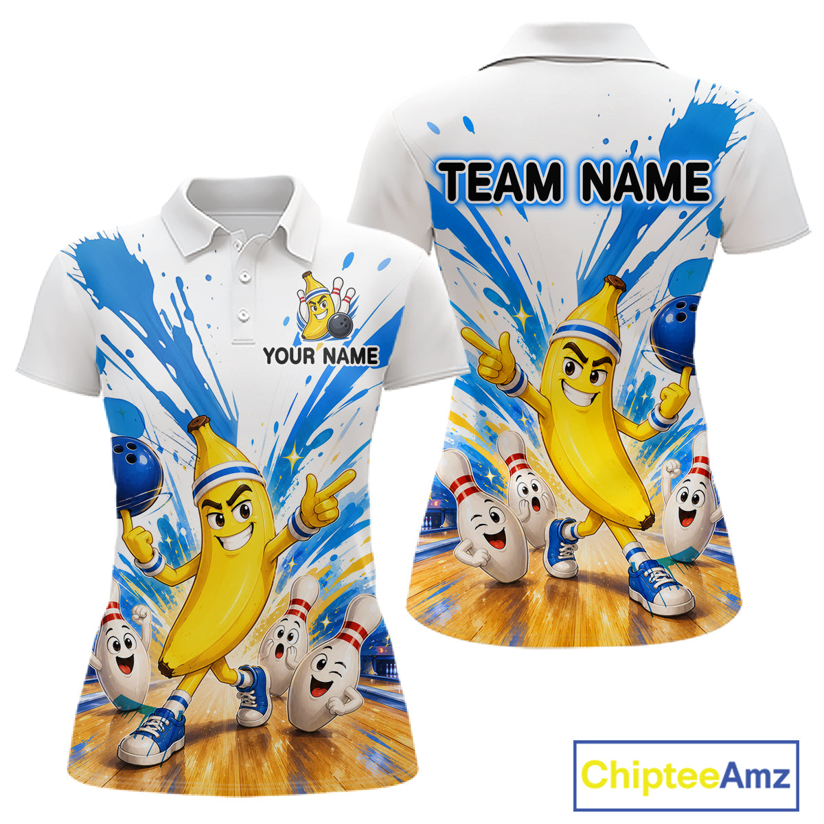 Two polo shirts with cartoon banana characters and bowling elements, featuring 'Chiptee Amz' branding.