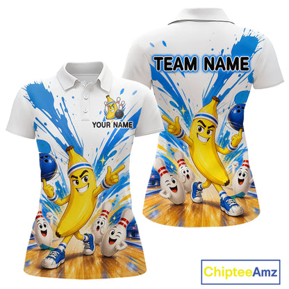 Two polo shirts with cartoon banana characters and bowling elements, featuring 'Chiptee Amz' branding.
