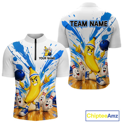 White bowling jersey with cartoon banana character design on a white background