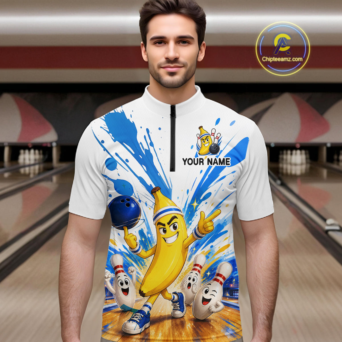 Man wearing a colorful bowling-themed shirt with cartoon characters in a bowling alley.
