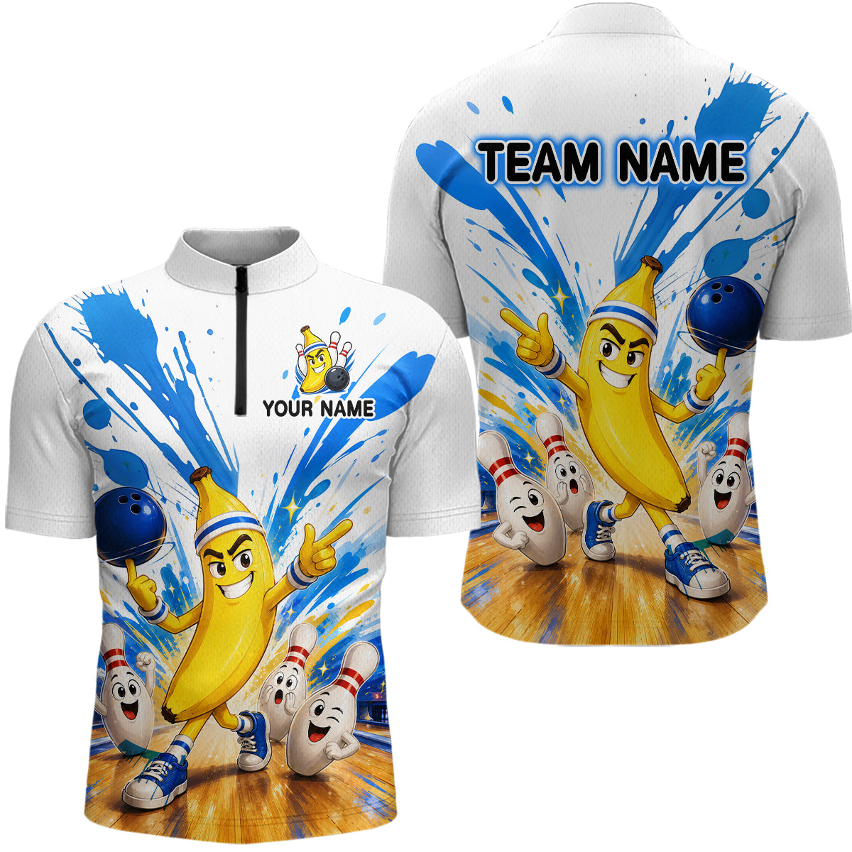 Two views of a bowling jersey with cartoon characters and 'Team Name' text on a white background.