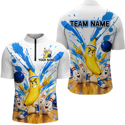 Two views of a bowling jersey with cartoon characters and 'Team Name' text on a white background.