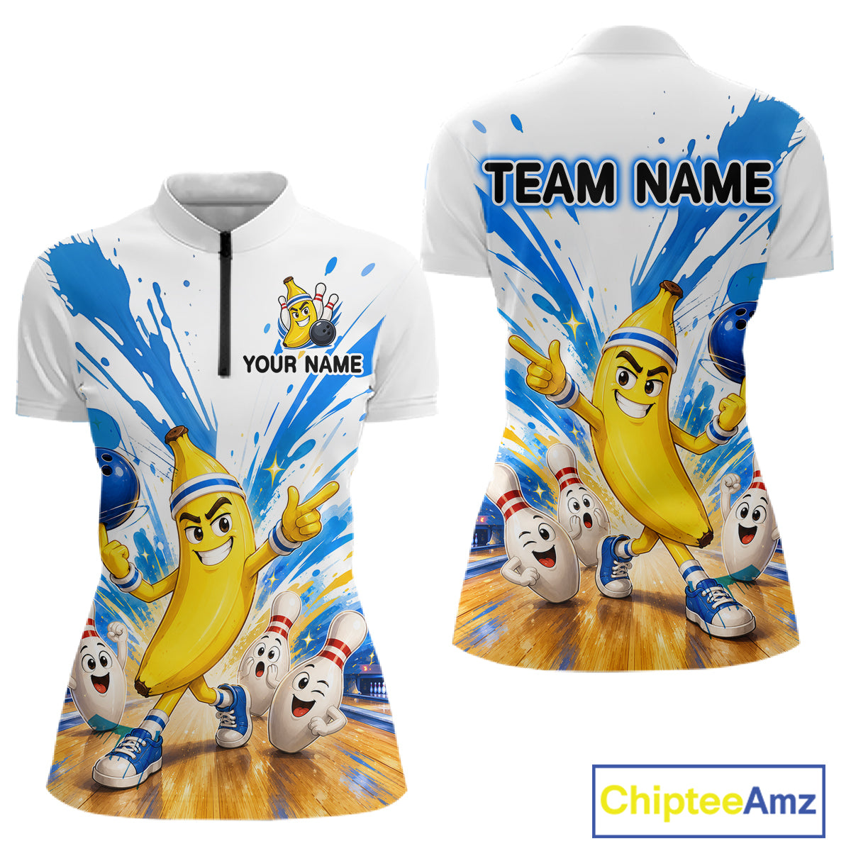 Customizable bowling jersey with cartoon bananas and bowling pins on a white background, featuring 'Chiptee Amz' branding.
