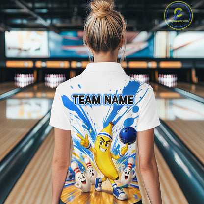 Person wearing a white shirt with cartoon characters and 'TEAM NAME' text in a bowling alley.