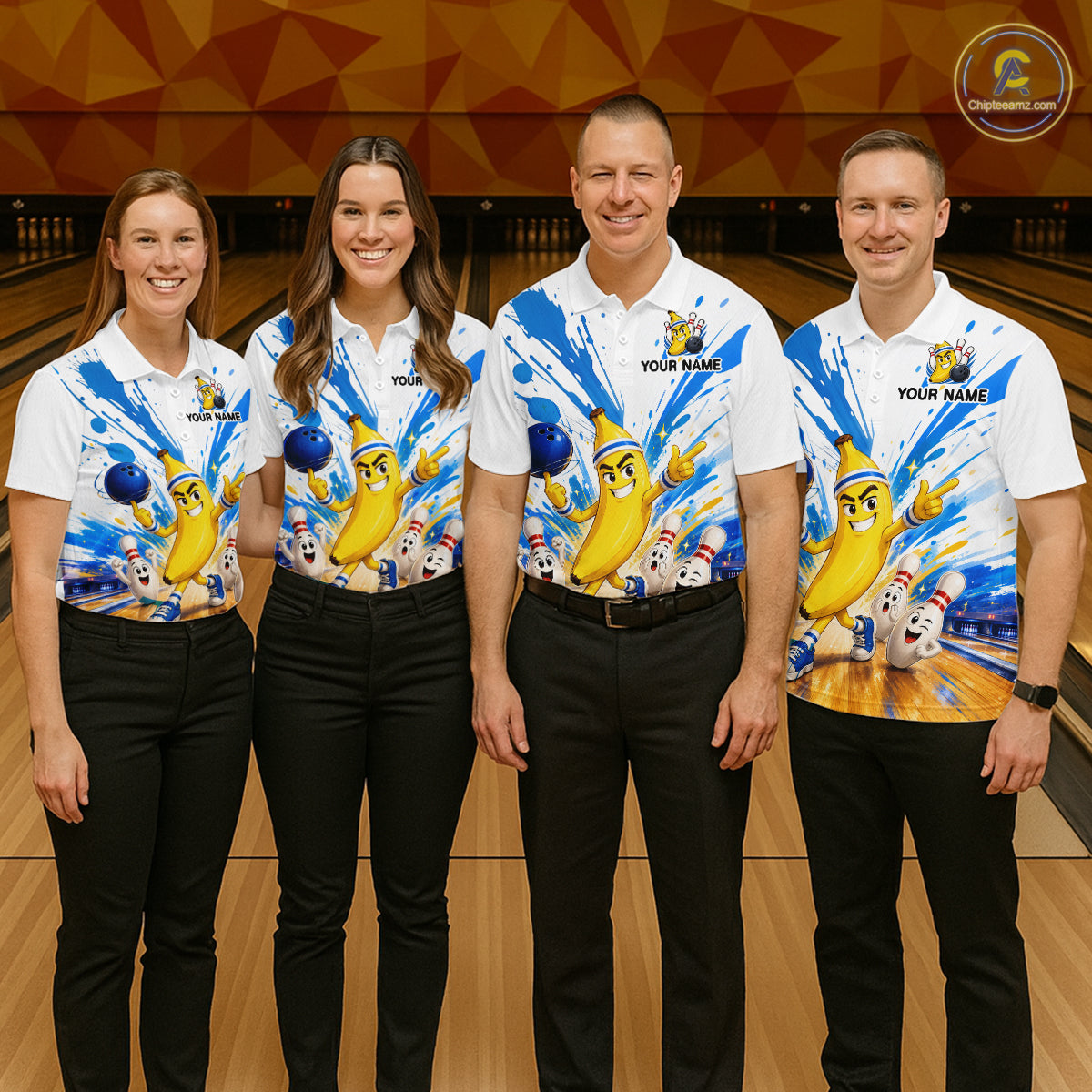 Custom Blue & White Funny Banana Bowling Team Shirt for Men Bowling Jersey Outfit Polo & Quarter-Zip QZT1098