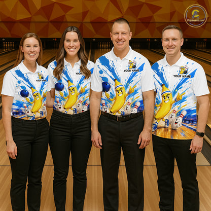 Custom Blue & White Funny Banana Bowling Team Shirt for Men Bowling Jersey Outfit Polo & Quarter-Zip QZT1098