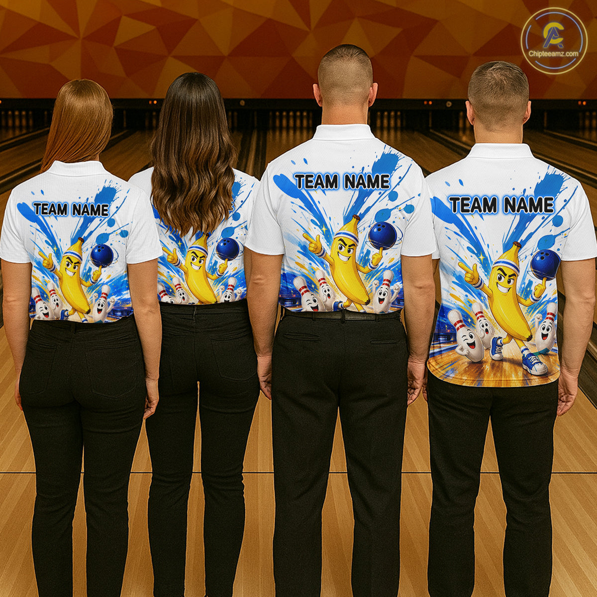Four people wearing matching bowling shirts with a cartoon character design on a bowling alley.