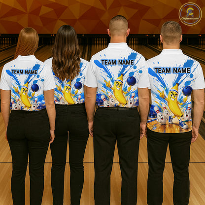 Four people wearing matching bowling shirts with a cartoon character design on a bowling alley.