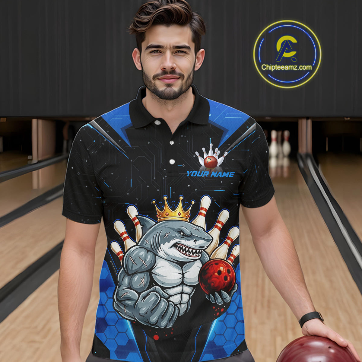 Custom Blue Funny Shark Bowling Team Shirt Bowling Jersey for Men Polo & Quarter-Zip QZT949