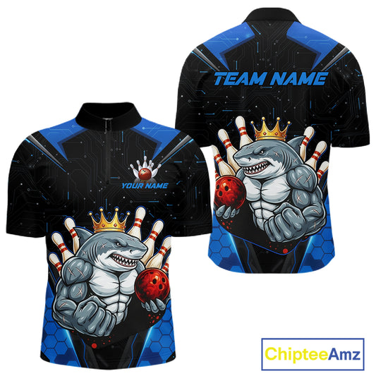 Custom Blue Funny Shark Bowling Team Shirt Bowling Jersey for Men Polo & Quarter-Zip QZT949