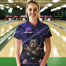 Load image into Gallery viewer, Woman wearing custom purple cool pit bull bowling polo shirt, front view mockup, personalized bowling league jersey.
