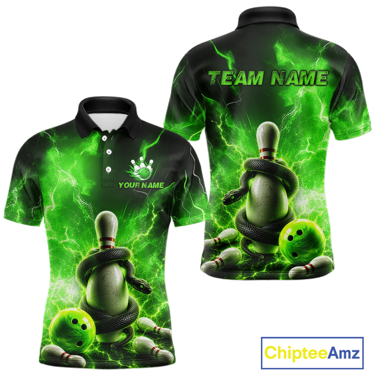 Green and black bowling-themed polo shirt with snake design and 'Team Name' text on a white background.