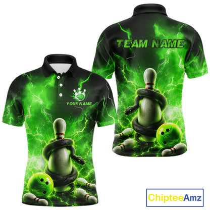 Green and black bowling-themed polo shirt with snake design and 'Team Name' text on a white background.