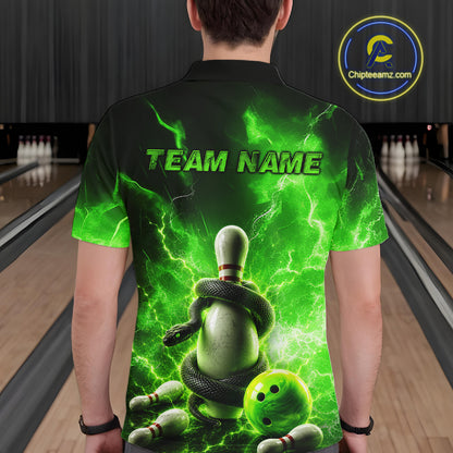 Person wearing a green and black bowling-themed shirt with 'TEAM NAME' text in a bowling alley.