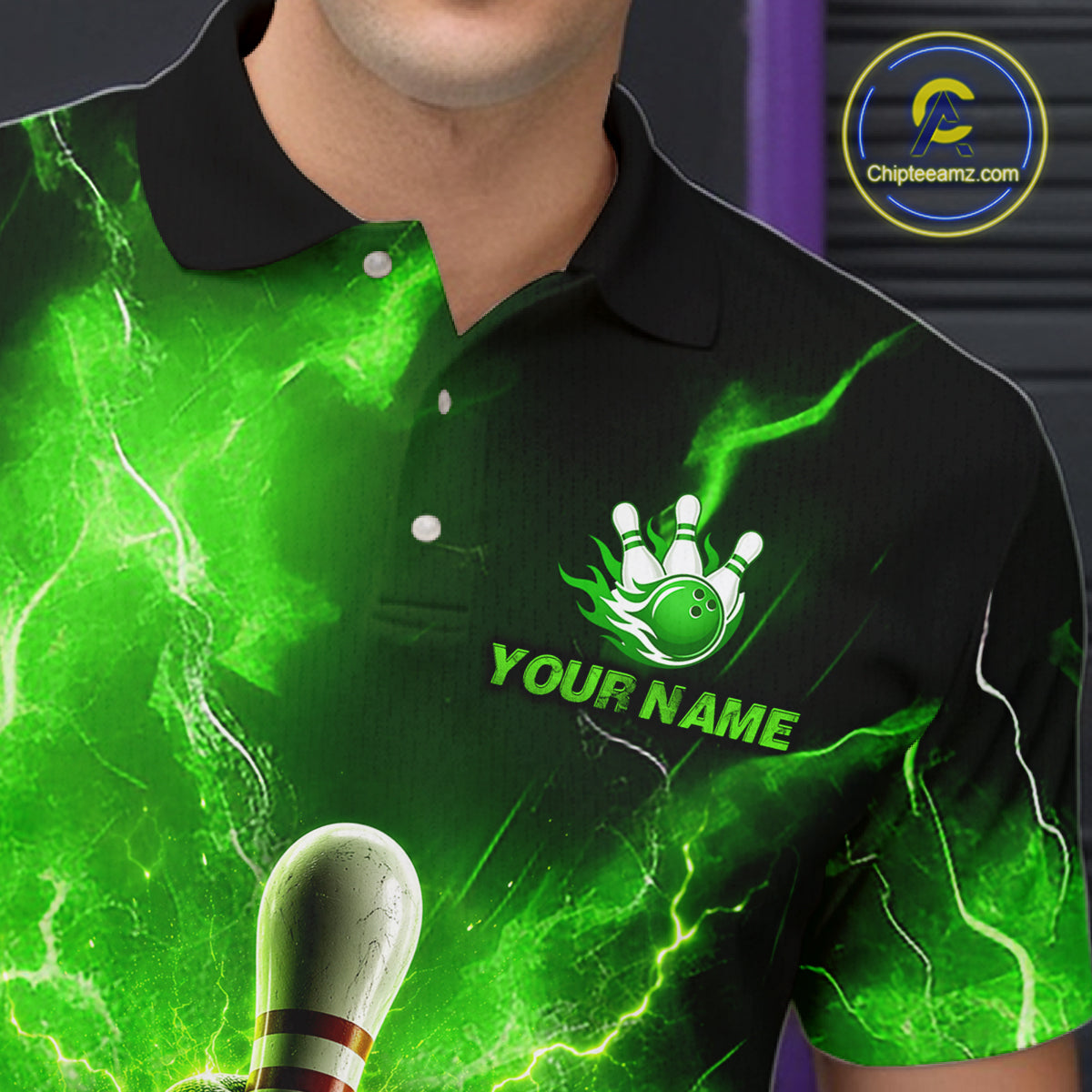 Green and black bowling-themed shirt with a logo and text on a blurred background