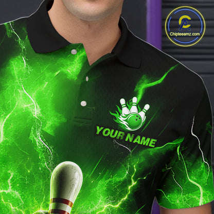 Green and black bowling-themed shirt with a logo and text on a blurred background