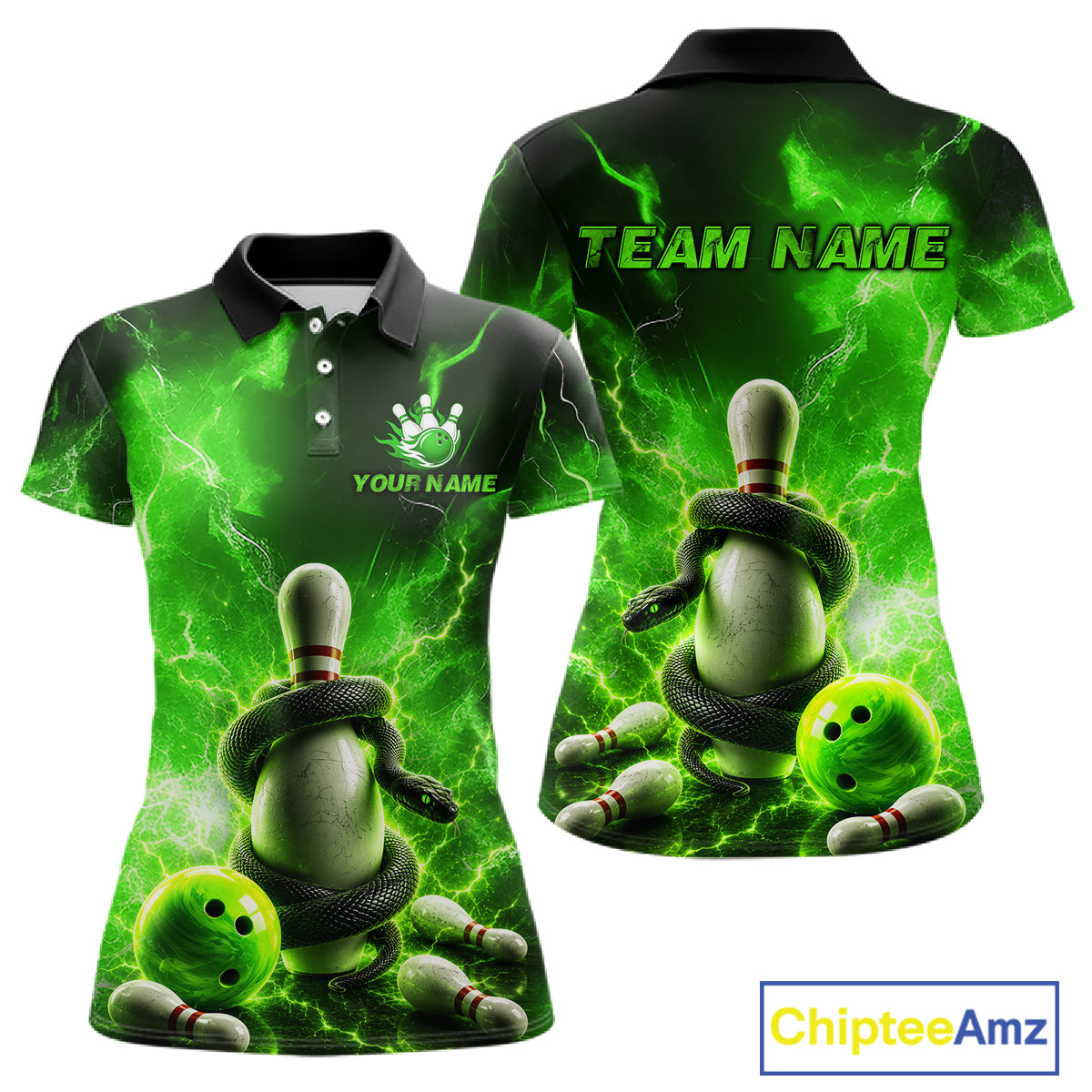Green and black bowling-themed polo shirts with customizable text on a white background.