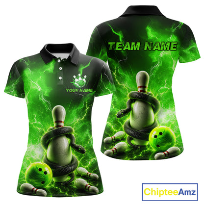 Green and black bowling-themed polo shirts with customizable text on a white background.