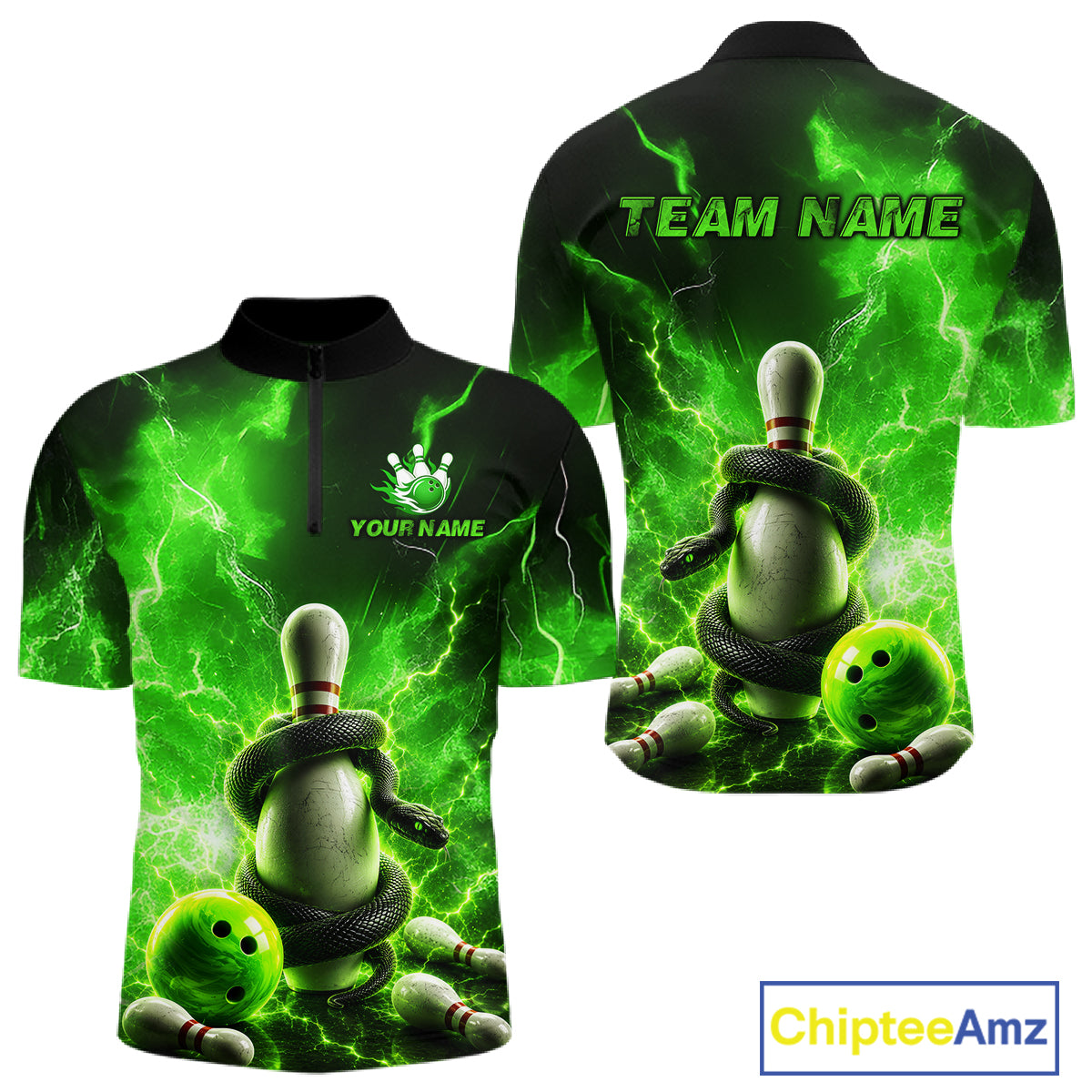 Green and black bowling jersey with bowling design and customizable text on a white background