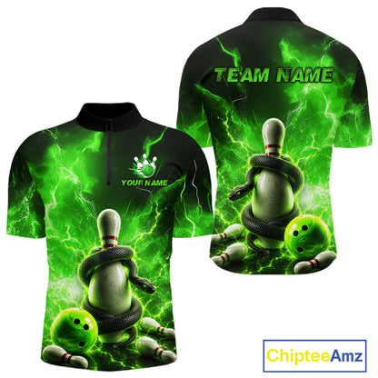 Green and black bowling jersey with bowling design and customizable text on a white background