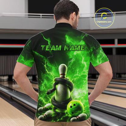 Person wearing a green and black bowling-themed shirt with 'TEAM NAME' text in a bowling alley.