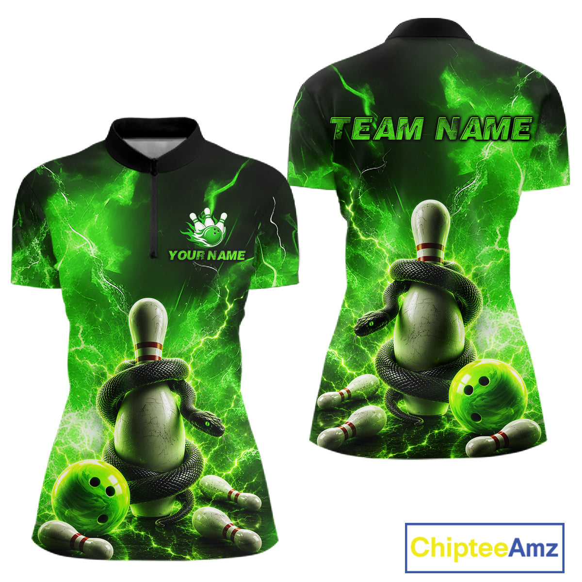 Green and black bowling-themed shirt with customizable text on a white background