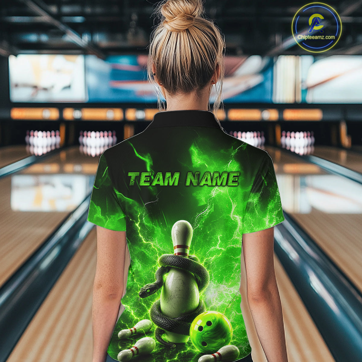 Person wearing a green bowling-themed shirt with 'TEAM NAME' text in a bowling alley.