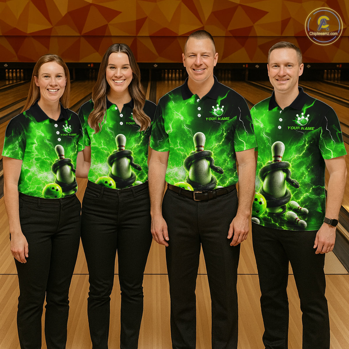 Four people wearing matching green bowling shirts with a logo on a bowling alley background.