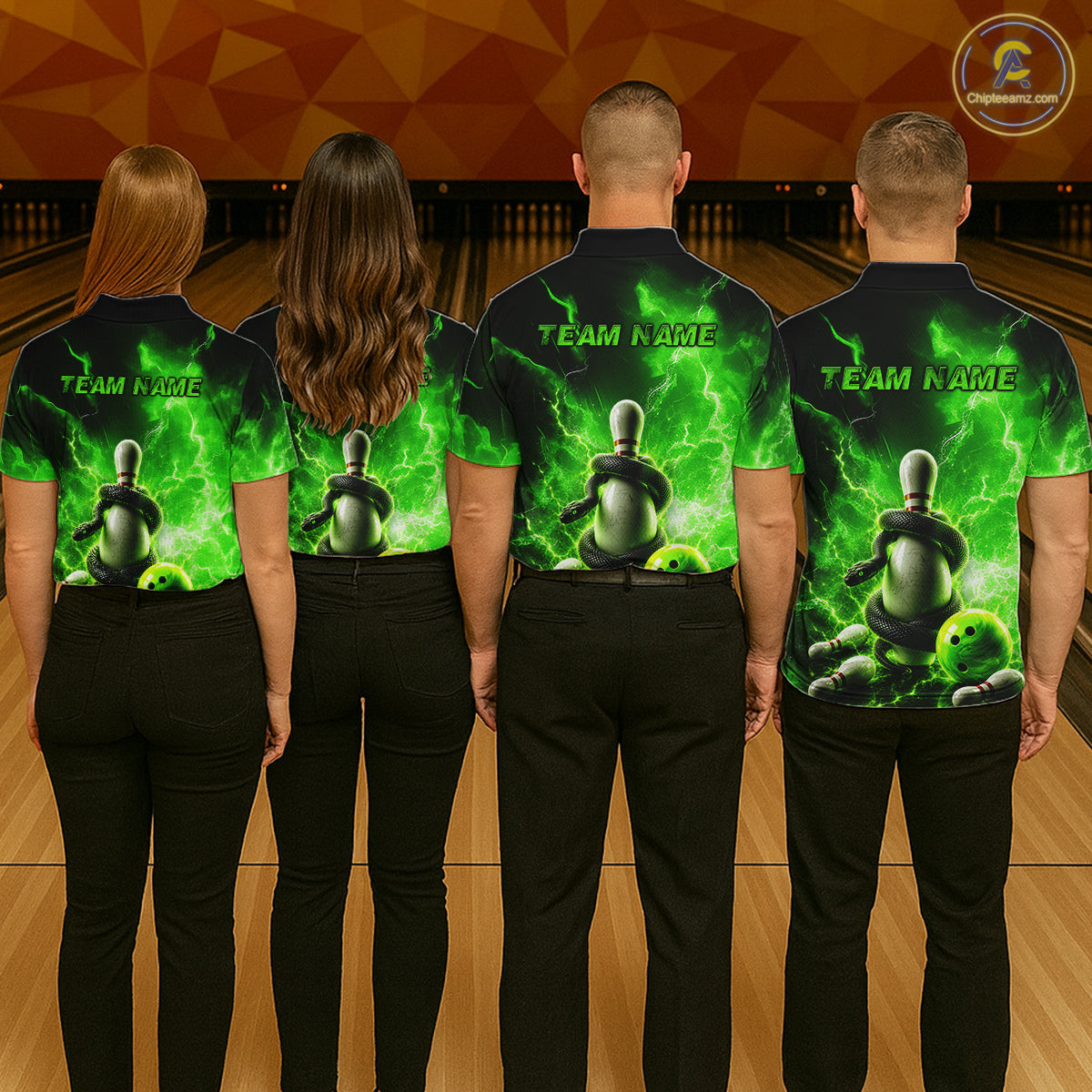 Four people wearing matching green shirts with a graphic design on a bowling alley.