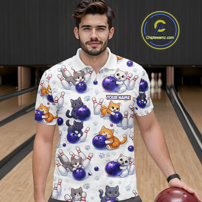 Custom Funny Cat Pattern Bowling Shirt Bowling Jersey League Polo & 1/4Zip Bowling Team for Men QZT951