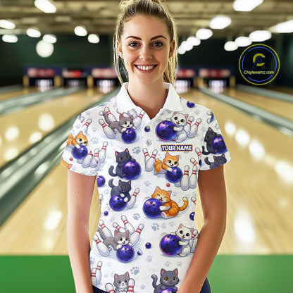 Custom Funny Cat Pattern Bowling Shirt Bowling Jersey League Polo & 1/4Zip Bowling Team for Women QZT951