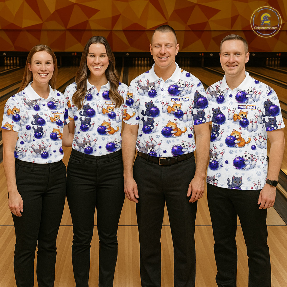 Custom Funny Cat Pattern Bowling Shirt Bowling Jersey League Polo & 1/4Zip Bowling Team for Men QZT951