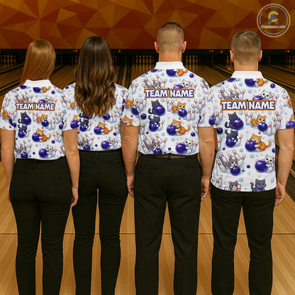Custom Funny Cat Pattern Bowling Shirt Bowling Jersey League Polo & 1/4Zip Bowling Team for Men QZT951