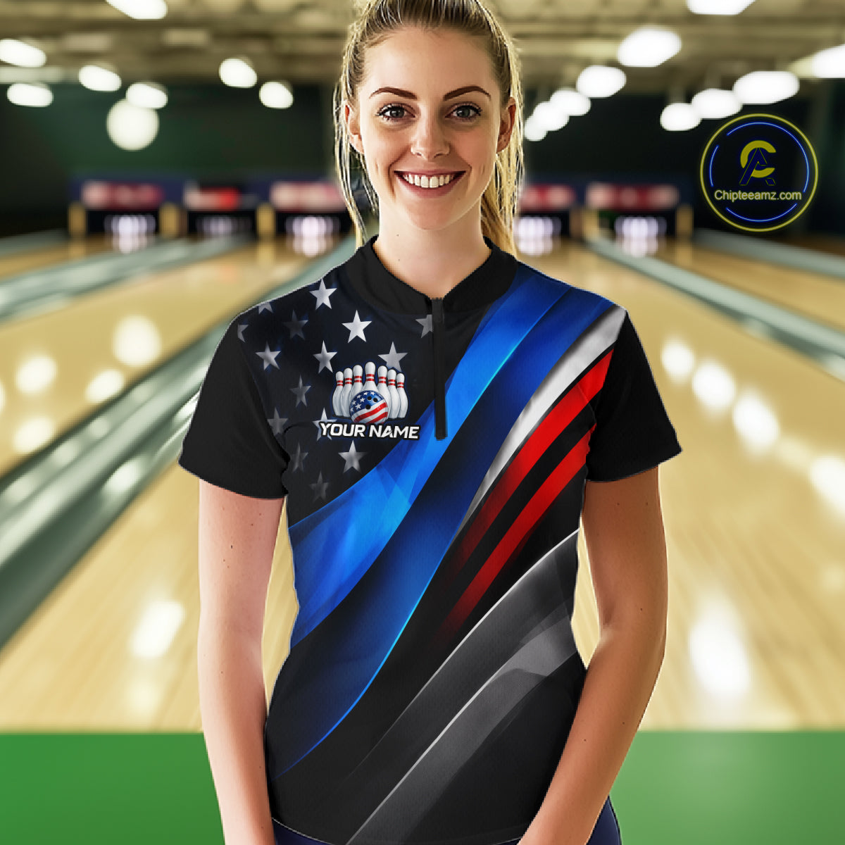 Woman wearing custom American Flag bowling 1/4 zip shirt, front view mockup, personalized bowling league jersey.