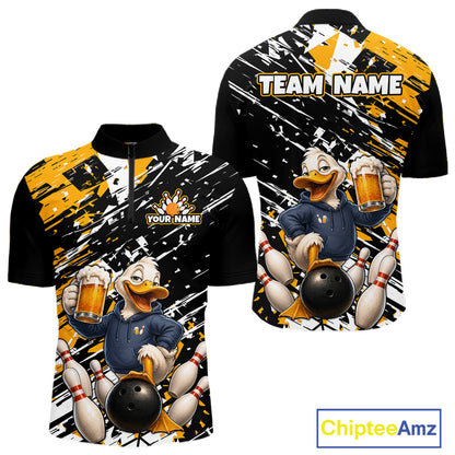 Custom bowling-themed short-sleeve quarter-zip shirt shown from both front and back views. The shirt features a black and yellow paint-splatter background with a cartoon duck character holding beer glasses and a bowling ball, with customizable text areas reading 'YOUR NAME' and 'TEAM NAME'.