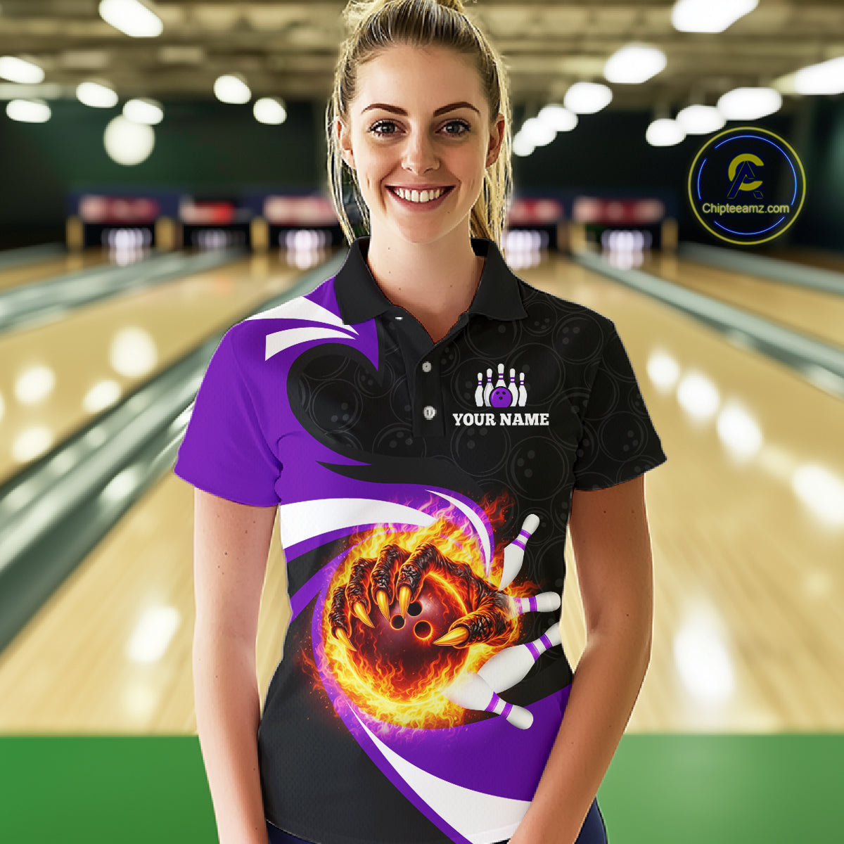 Personalized Purple Flame Demon Hand Bowling Shirt for Women Bowling Outfit Polo & Quarter-Zip Bowling Jersey QZT867