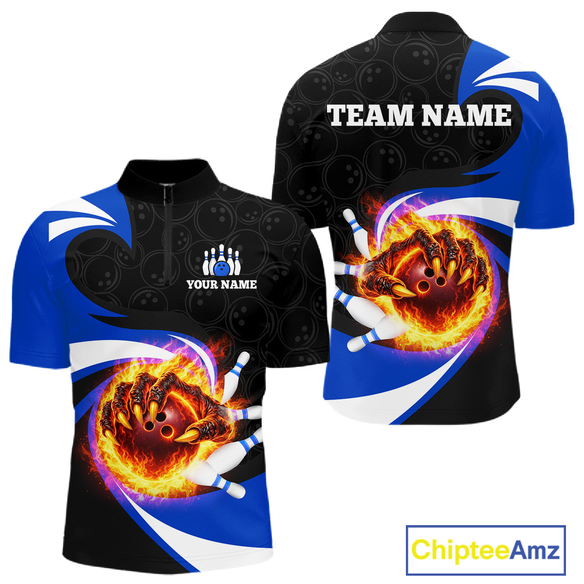 Personalized Blue Flame Demon Hand Bowling Shirt for Men Bowling Outfit Polo & Quarter-Zip Bowling Jersey QZT867