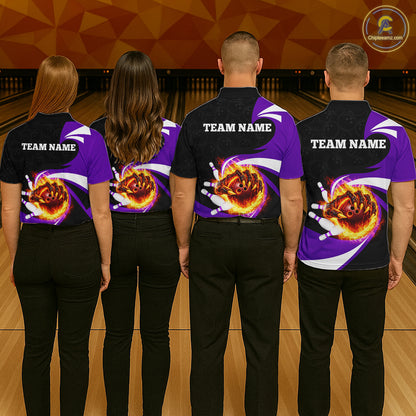 Personalized Purple Flame Demon Hand Bowling Shirt for Women Bowling Outfit Polo & Quarter-Zip Bowling Jersey QZT867