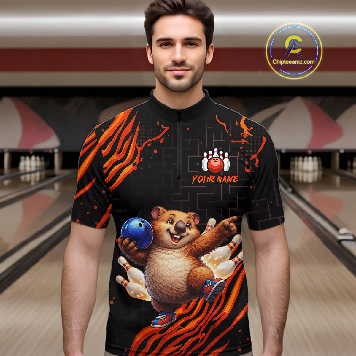 Orange Funny Wombat Bowling Shirt for Men Custom Bowling Jersey Polo & Quarter-Zip Bowling Outfit  QZT923