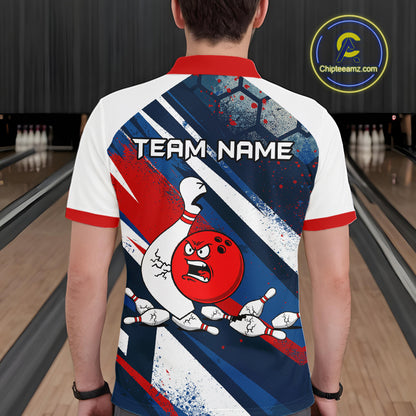 Red Blue & White Crazy Bowling Ball Pin Men Bowling Team Shirt Bowling League Jersey QZT814