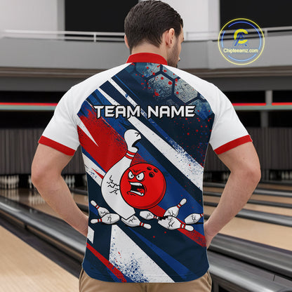 Red Blue & White Crazy Bowling Ball Pin Men Bowling Team Shirt Bowling League Jersey QZT814
