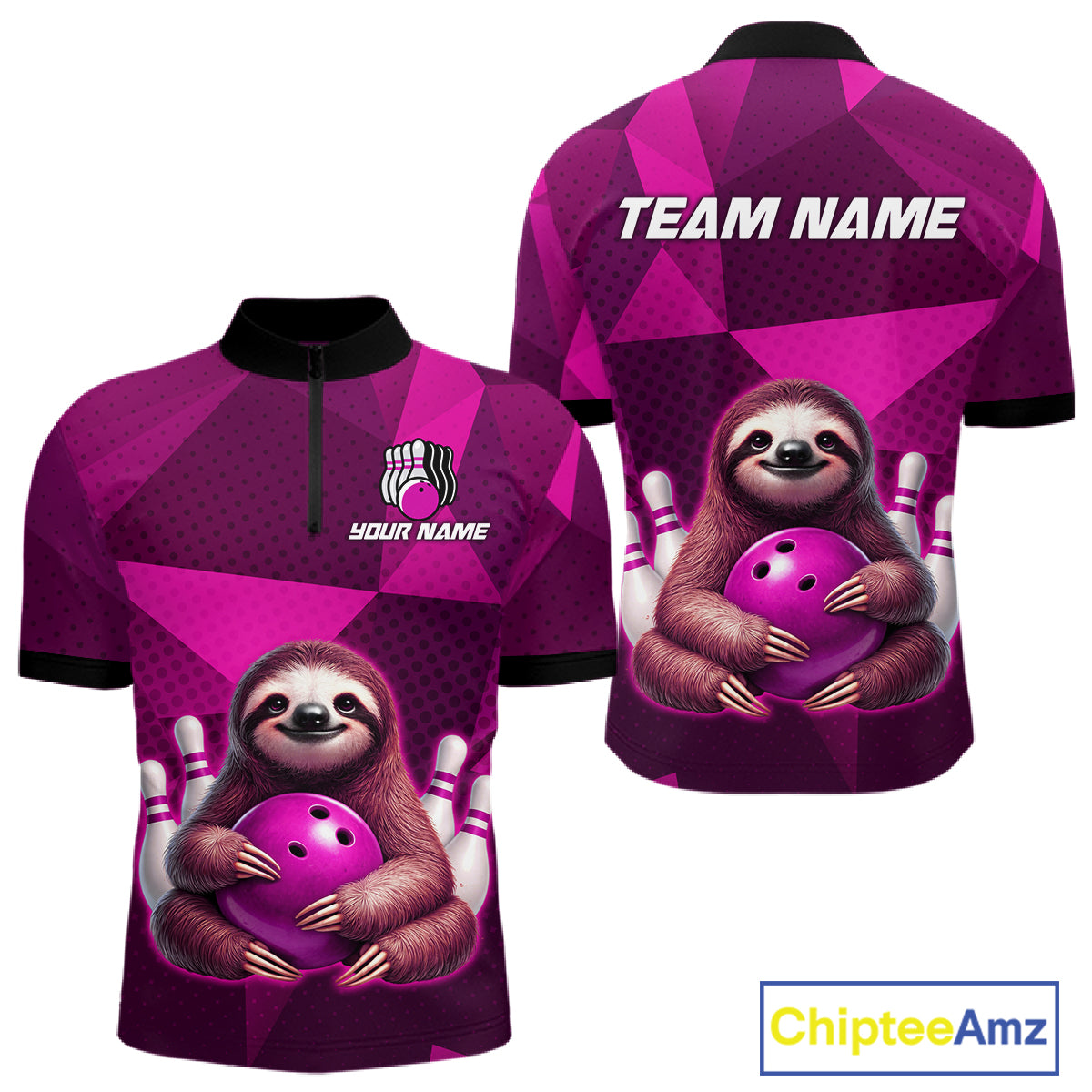 Pink Funny Sloth Bowling Shirt for Men Custom Bowling Jersey Polo & Quarter-Zip Bowling Outfit QZT995