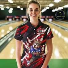 Load image into Gallery viewer, Woman wearing custom red pit bull bowling polo shirt, front view mockup, personalized bowling league jersey.