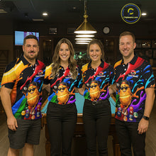Load image into Gallery viewer, Four people wearing colorful bowling shirts with a cartoon character in a bar setting.