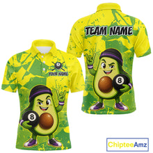 Load image into Gallery viewer, Avocado-themed polo shirt with 8-ball design on a yellow and green background, featuring 'Team Name' and 'Your Name' text.