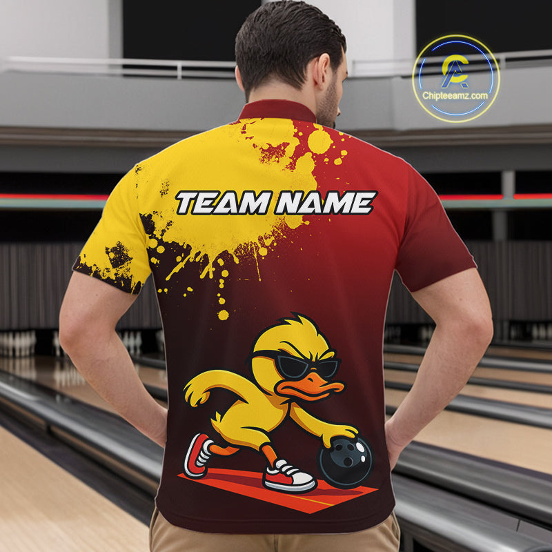 Custom Funny Duck Bowling Shirt for Men Red & Yellow Bowling Jersey Polo & 1/4 Zip QZT791